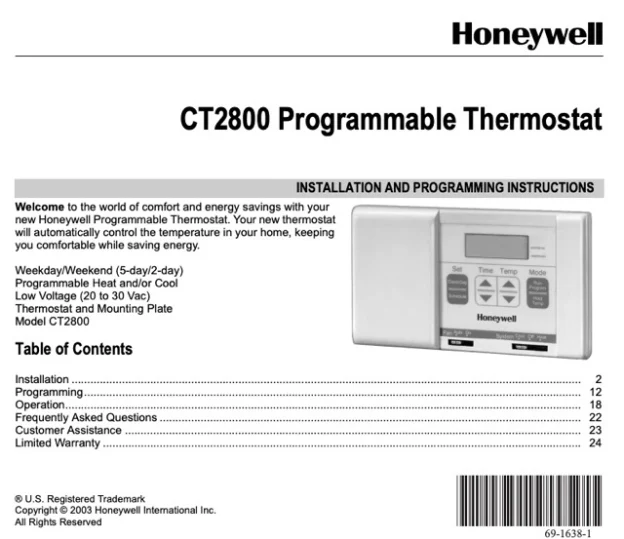 Honeywell CT2800 Programmable Thermostat installation instructions