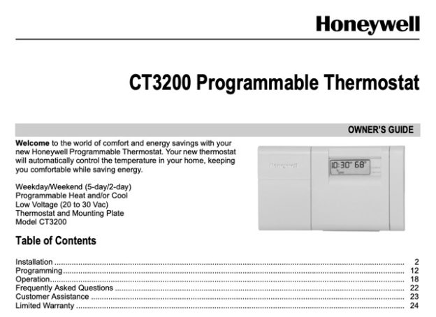 Honeywell CT3200 programmable thermostat Owner's Manual