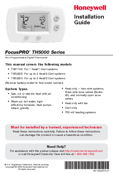 Honeywell FocusPRO TH5000 Series Installation Manual
