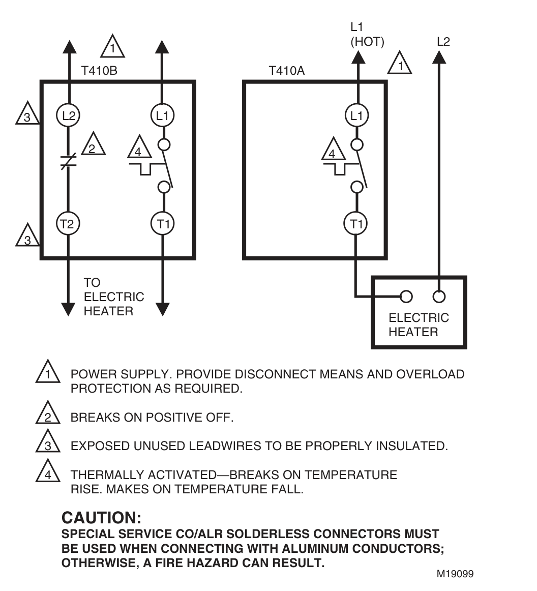 Wiring diagrams for T410B double-line break and T410A single-line break thermostats, with legend notes and caution about aluminum conductors