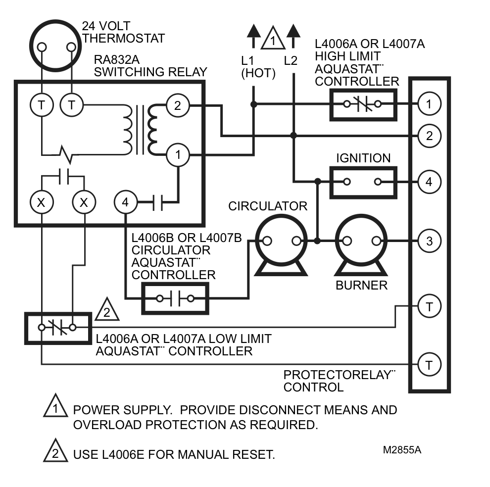 Hookup diagram for an oil-fired summer-winter hydronic system with domestic hot water: RA832A switching relay, high limit and low limit Aquastat controllers, circulator Aquastat controller, ignition, circulator, burner and Protectorelay control