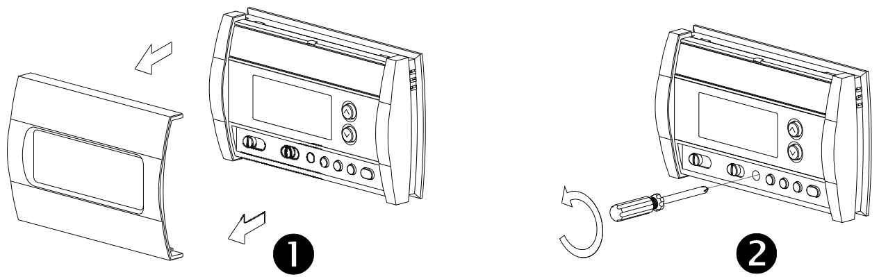 Steps 1 and 2 of installing the new baseplate: removing the faceplate and loosening the locking screw