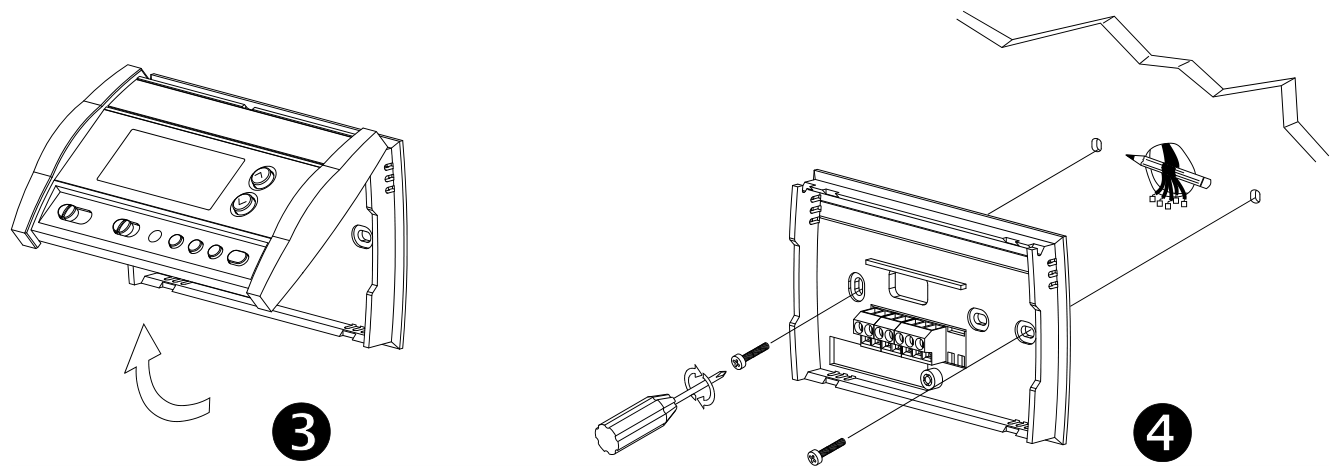 Steps 3 and 4: tilting the thermostat upwards and marking the mounting holes
