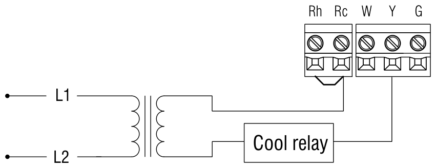 Wiring diagram for a 2-wire cooling system: L1 and L2 through the transformer to Rc and Y