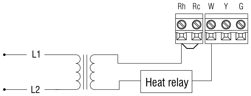 Wiring diagram for a 2-wire heating system: L1 and L2 through the transformer to Rh and W